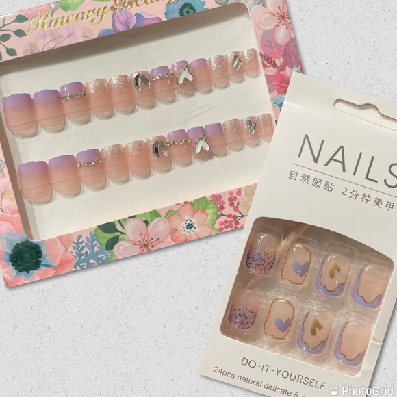 Kincory Beauty Other - NEW Purple Glitter Gem Heart & Purple Heart Nails w/ Gold Nail Set Bundle